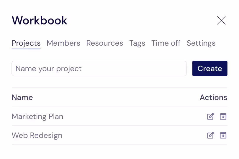 Manage Projects in Workbooks