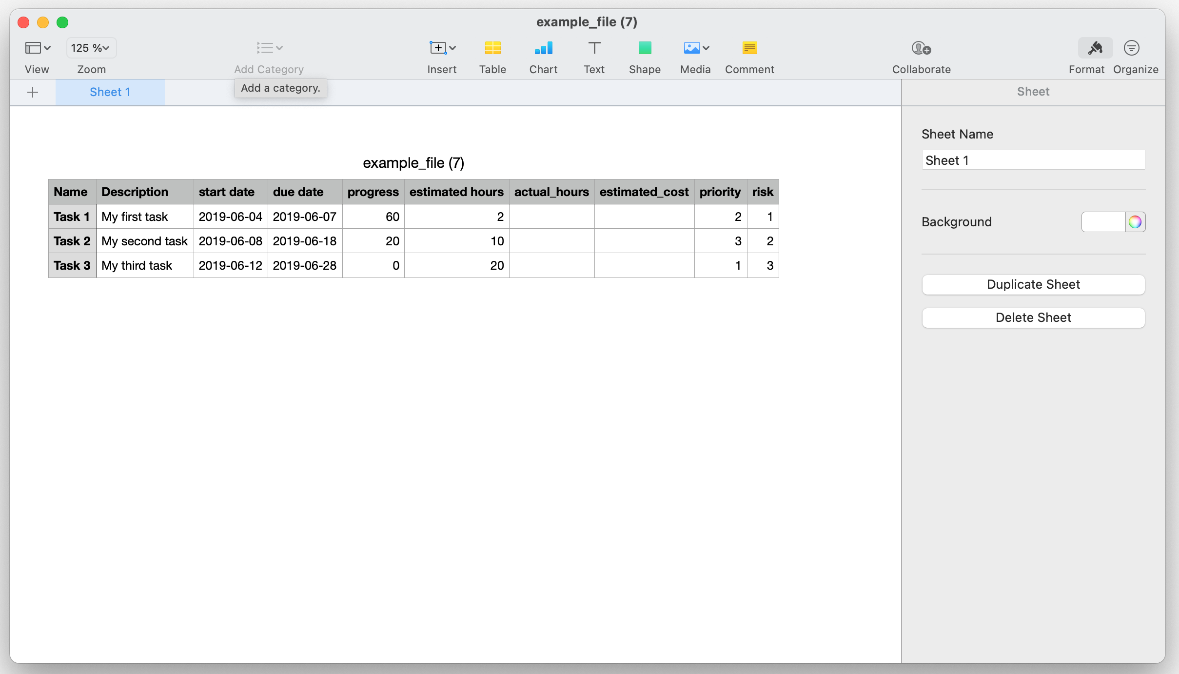 Instagantt CSV import template displayed in Apple Numbers spreadsheet.