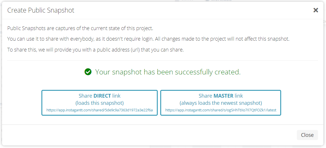 Choose between Direct Link and Master Link when sharing a public Gantt snapshot